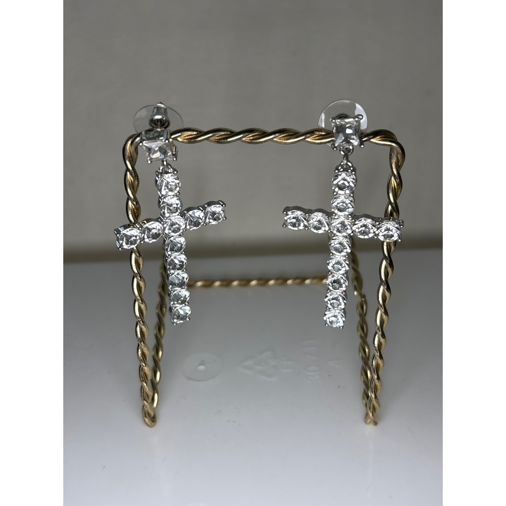 Cross Earrings Silver Cubic Zirconia Push Back Dangle Style New with Tags
